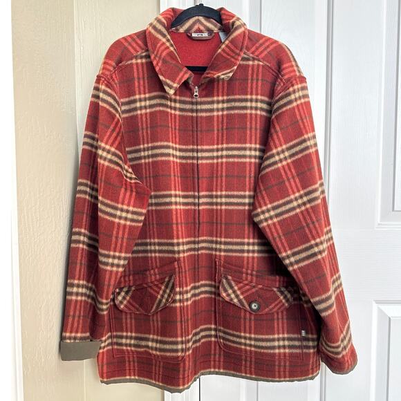 REI‎ Vintage Plaid Wool Blend Full Zip Jacket XL Red Brown Shacket Coat